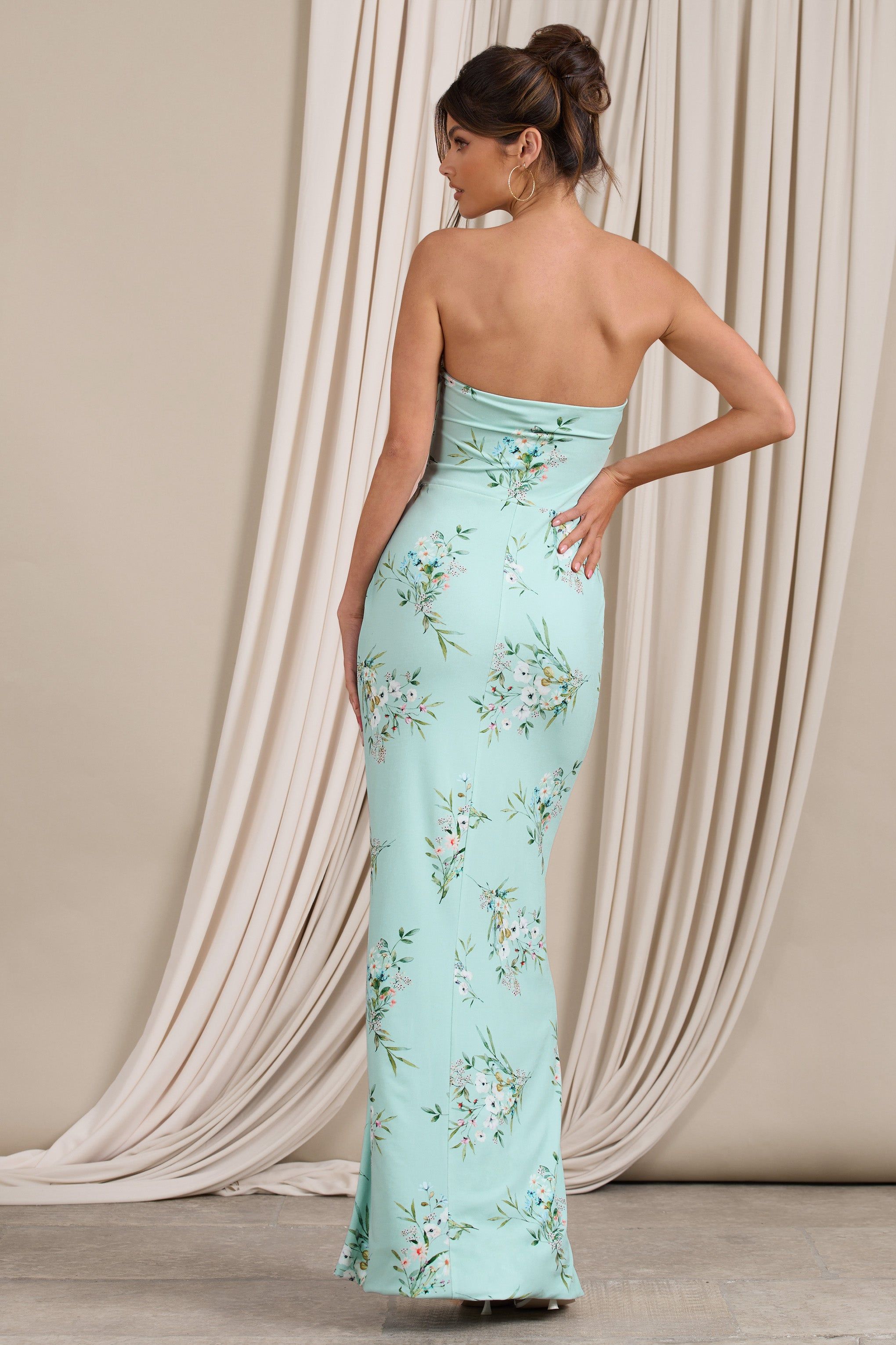 Camila | Green Oriental Bandeau Maxi Dress With Split Hem sold by Club L London product image thumbnail 2