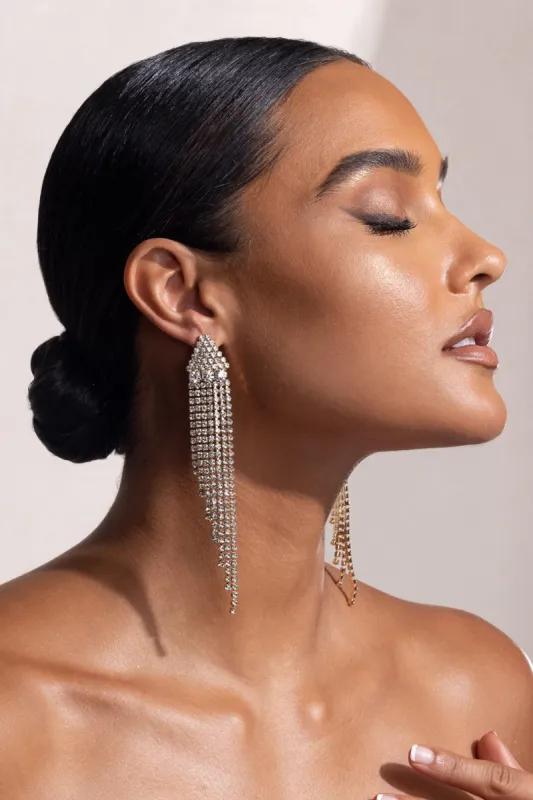 Sorella | Gold Diamante Triangle Tassel Drop Earrings sold by Club L London