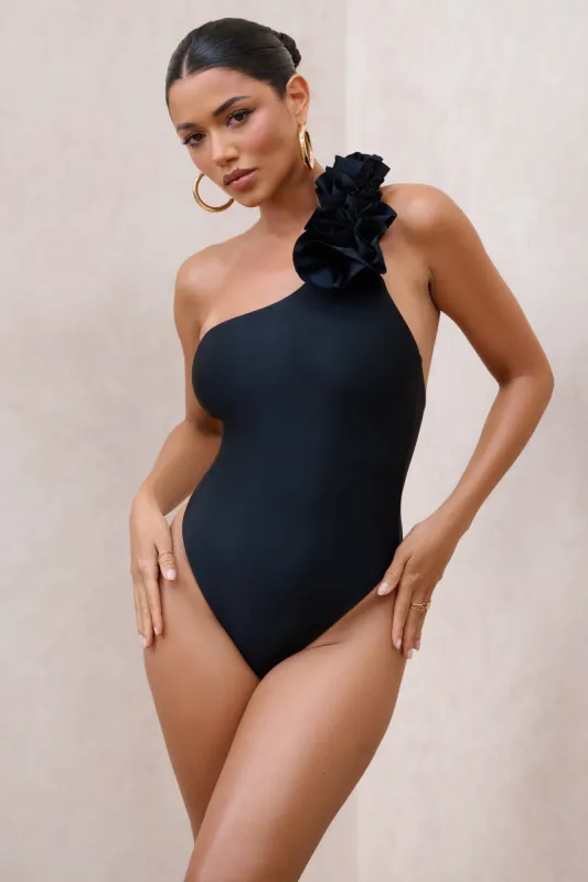 Octavias | Black One-Shoulder Floral Swimsuit sold by Club L London