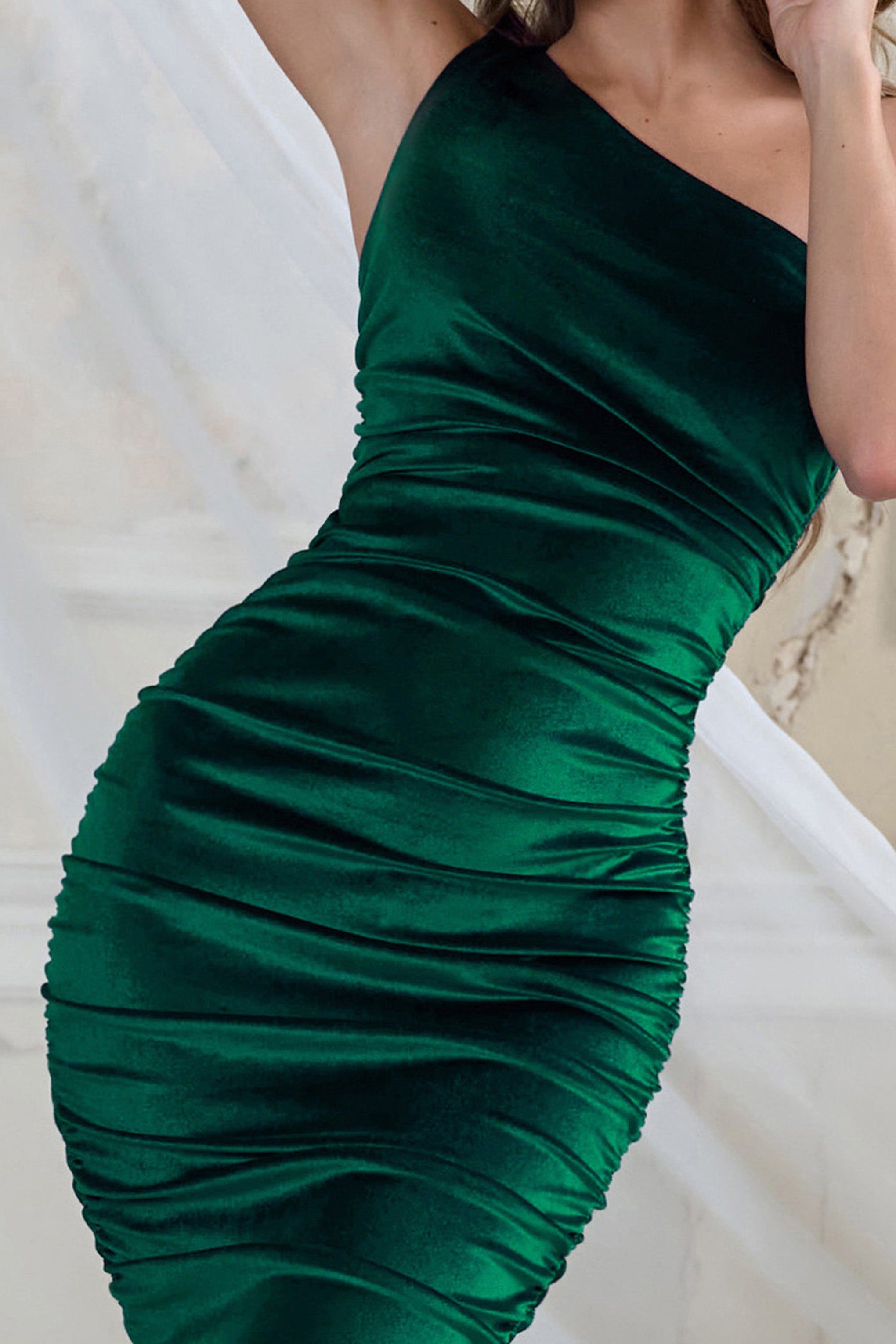 Back For More | Bottle Green Velvet One Shoulder Ruched Midi Dress sold by Club L London product image thumbnail 6
