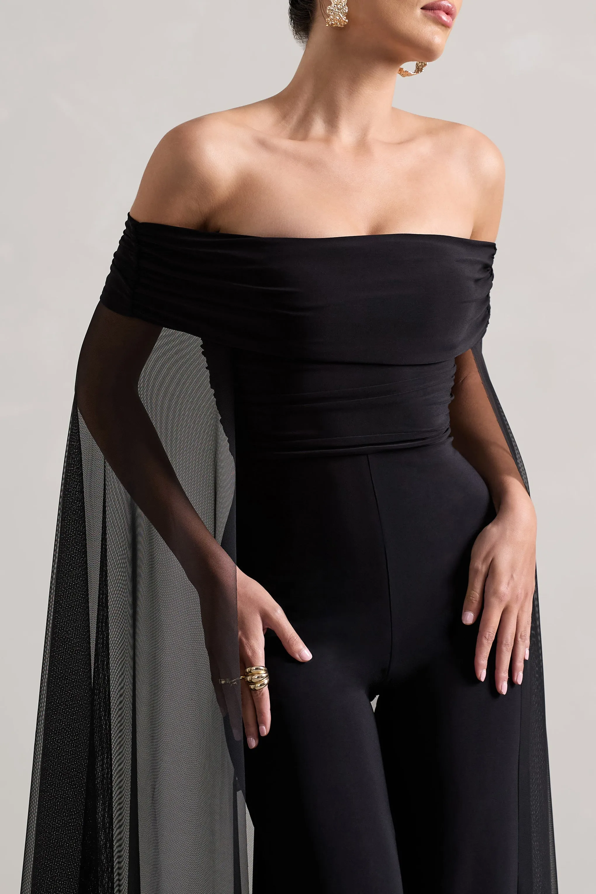 Zita | Black Bardot Jumpsuit With Chiffon Cape sold by Club L London product image thumbnail 3