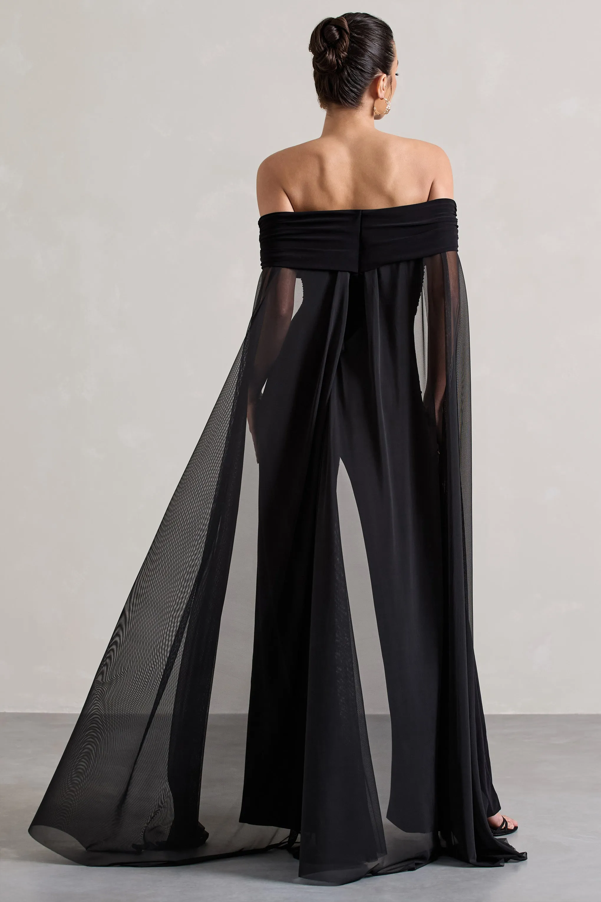 Zita | Black Bardot Jumpsuit With Chiffon Cape sold by Club L London product image thumbnail 2