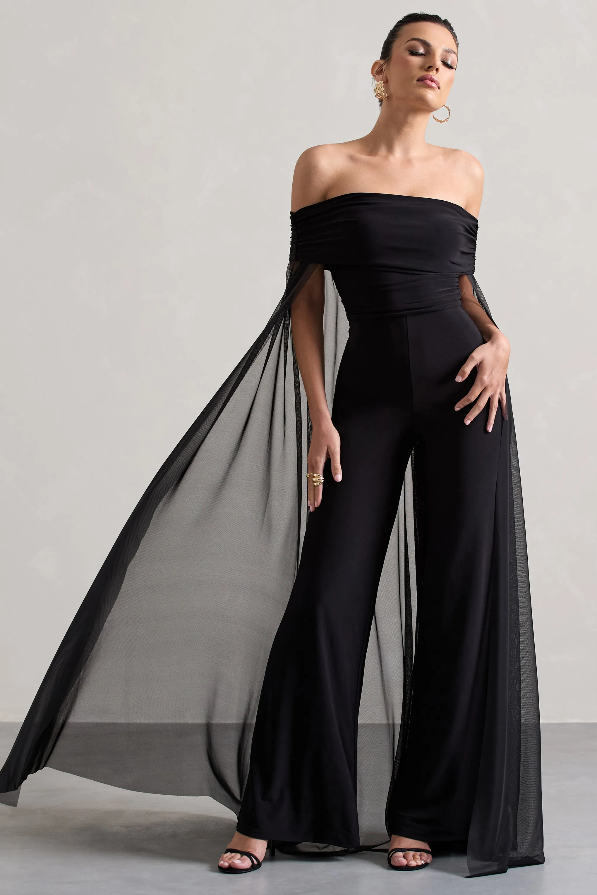 Zita | Black Bardot Jumpsuit With Chiffon Cape sold by Club L London