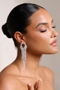 Stephanie | Silver Diamante Chain Drop Earrings sold by Club L London