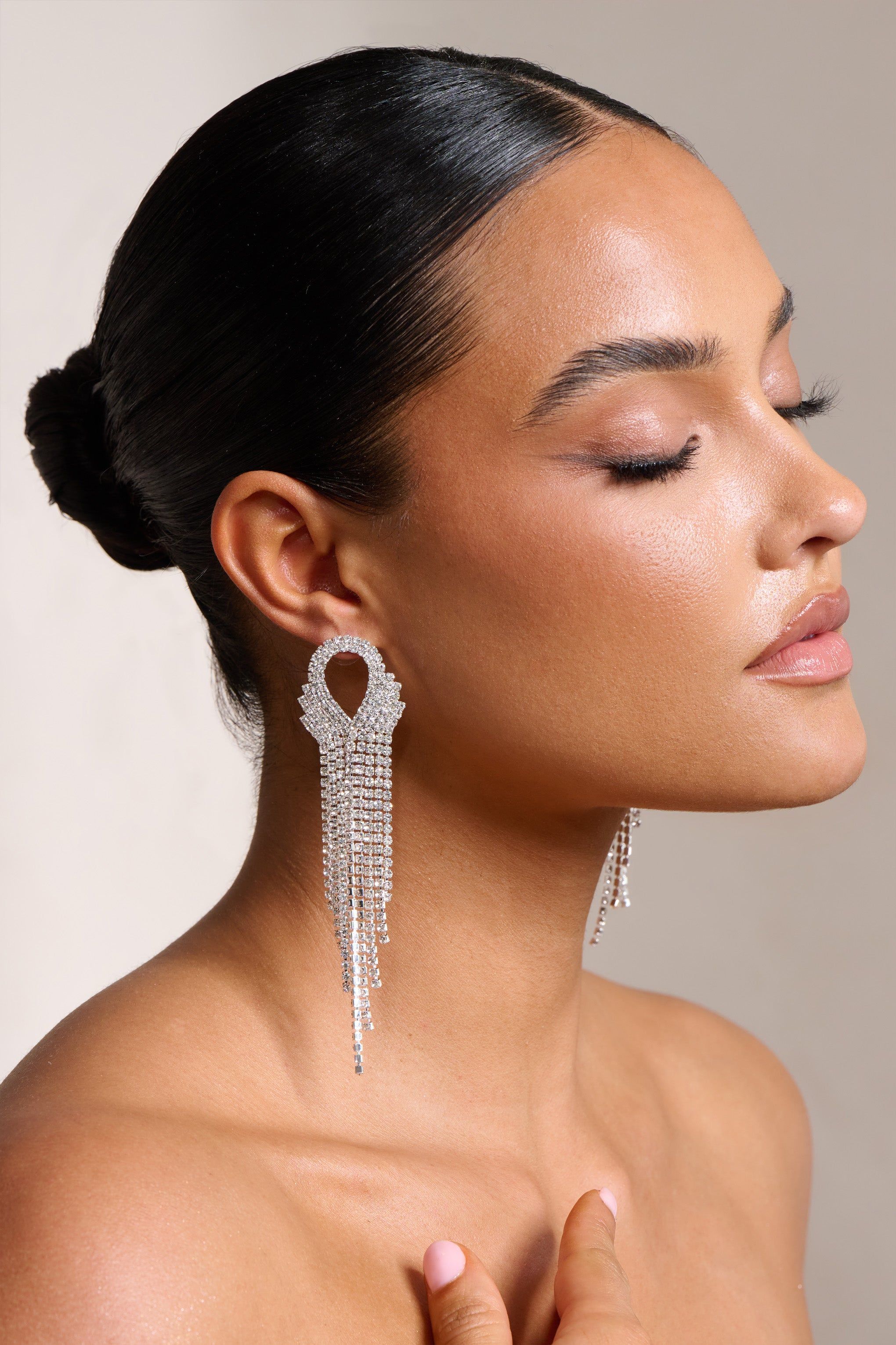Stephanie | Silver Diamante Chain Drop Earrings sold by Club L London product image thumbnail 3