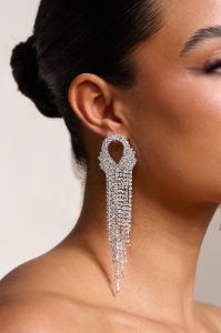 Stephanie | Silver Diamante Chain Drop Earrings sold by Club L London
