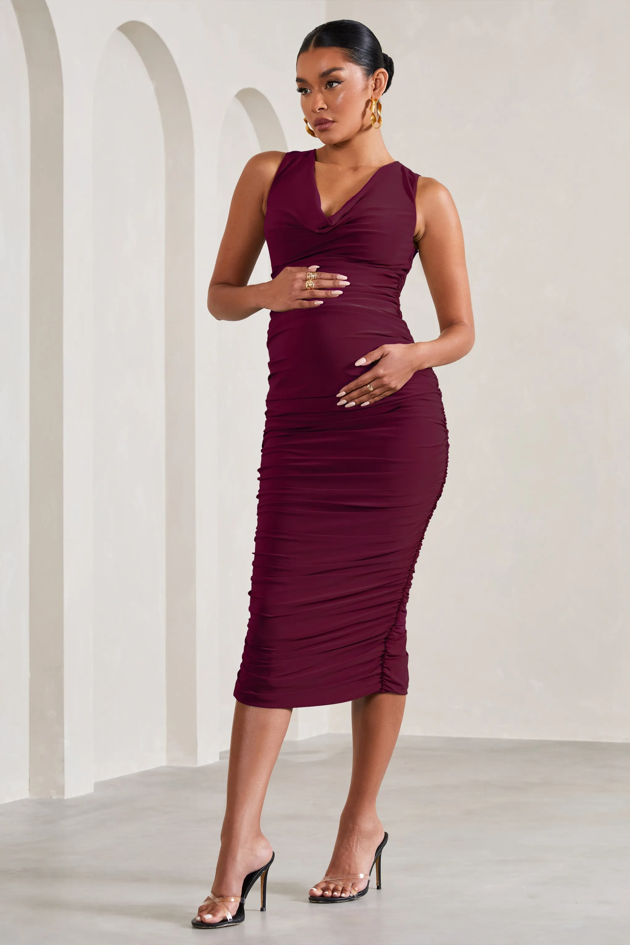 Mabel | Burgundy Cowl-Neck Ruched Maternity Midi Dress sold by Club L London product image thumbnail 5