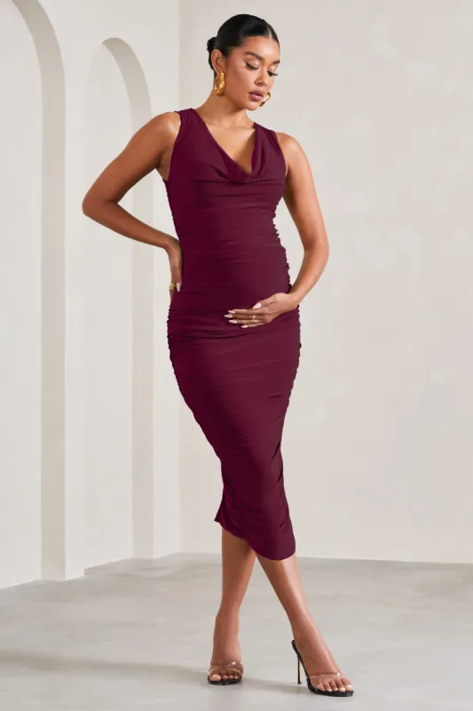 Mabel | Burgundy Cowl-Neck Ruched Maternity Midi Dress sold by Club L London