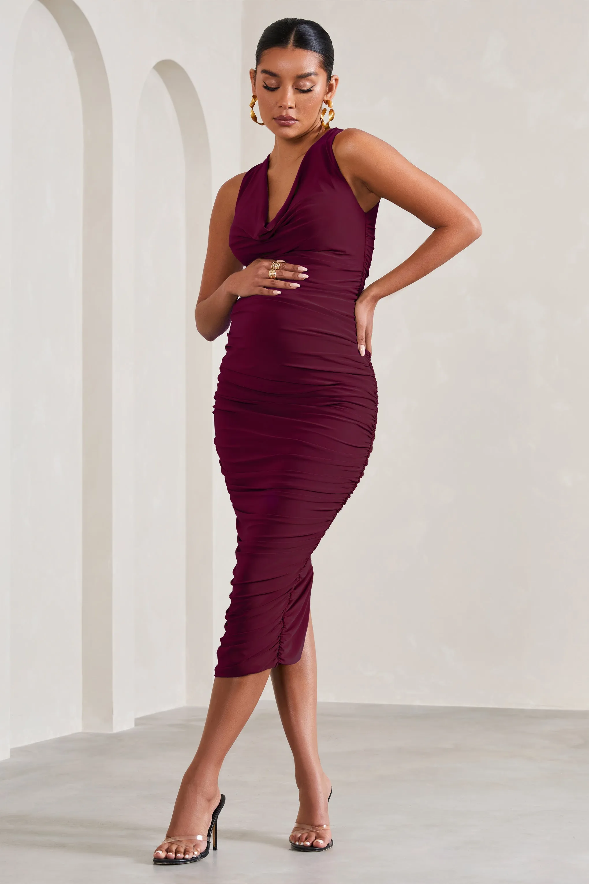 Mabel | Burgundy Cowl-Neck Ruched Maternity Midi Dress sold by Club L London product image thumbnail 4
