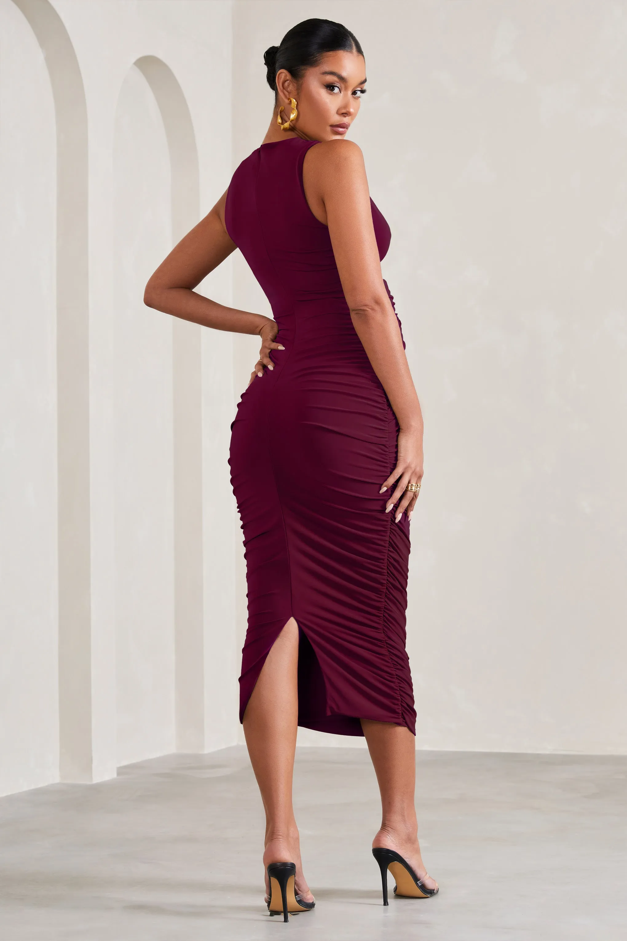Mabel | Burgundy Cowl-Neck Ruched Maternity Midi Dress sold by Club L London product image thumbnail 2