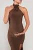 Marissa | Chocolate Brown Halter-Neck Split Maternity Maxi Dress With Flowers sold by Club L London