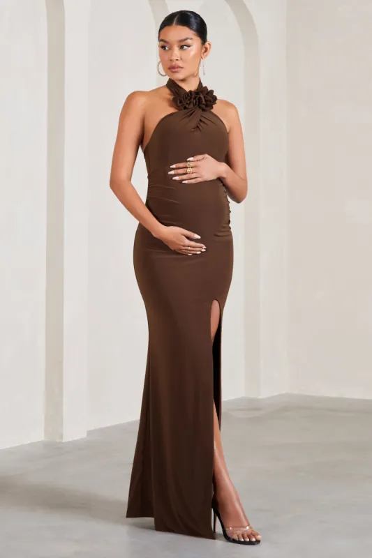 Marissa | Chocolate Brown Halter-Neck Split Maternity Maxi Dress With Flowers made by Club L London