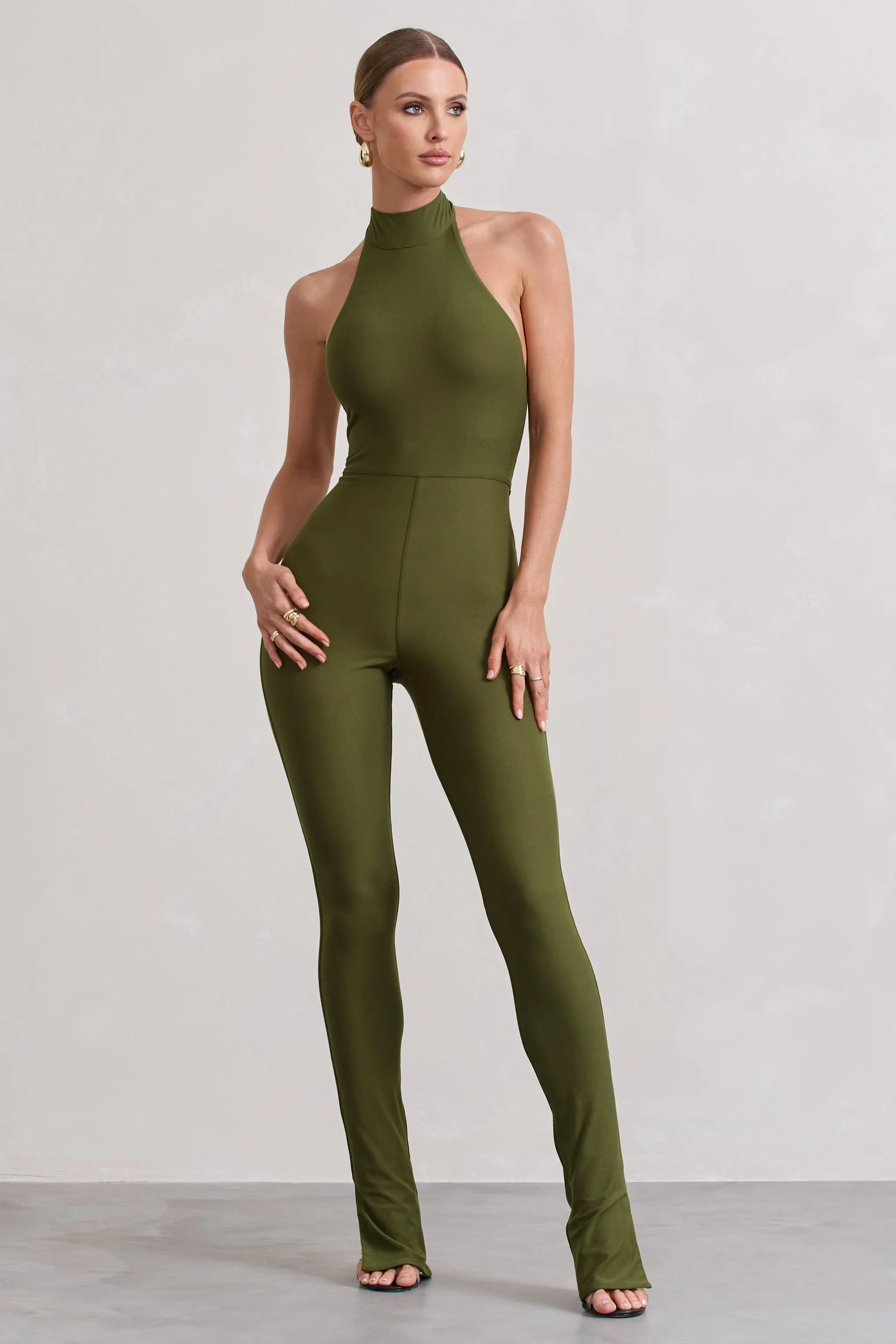 Jayda | Moss Green High-Neck Slim-Leg Jumpsuit sold by Club L London