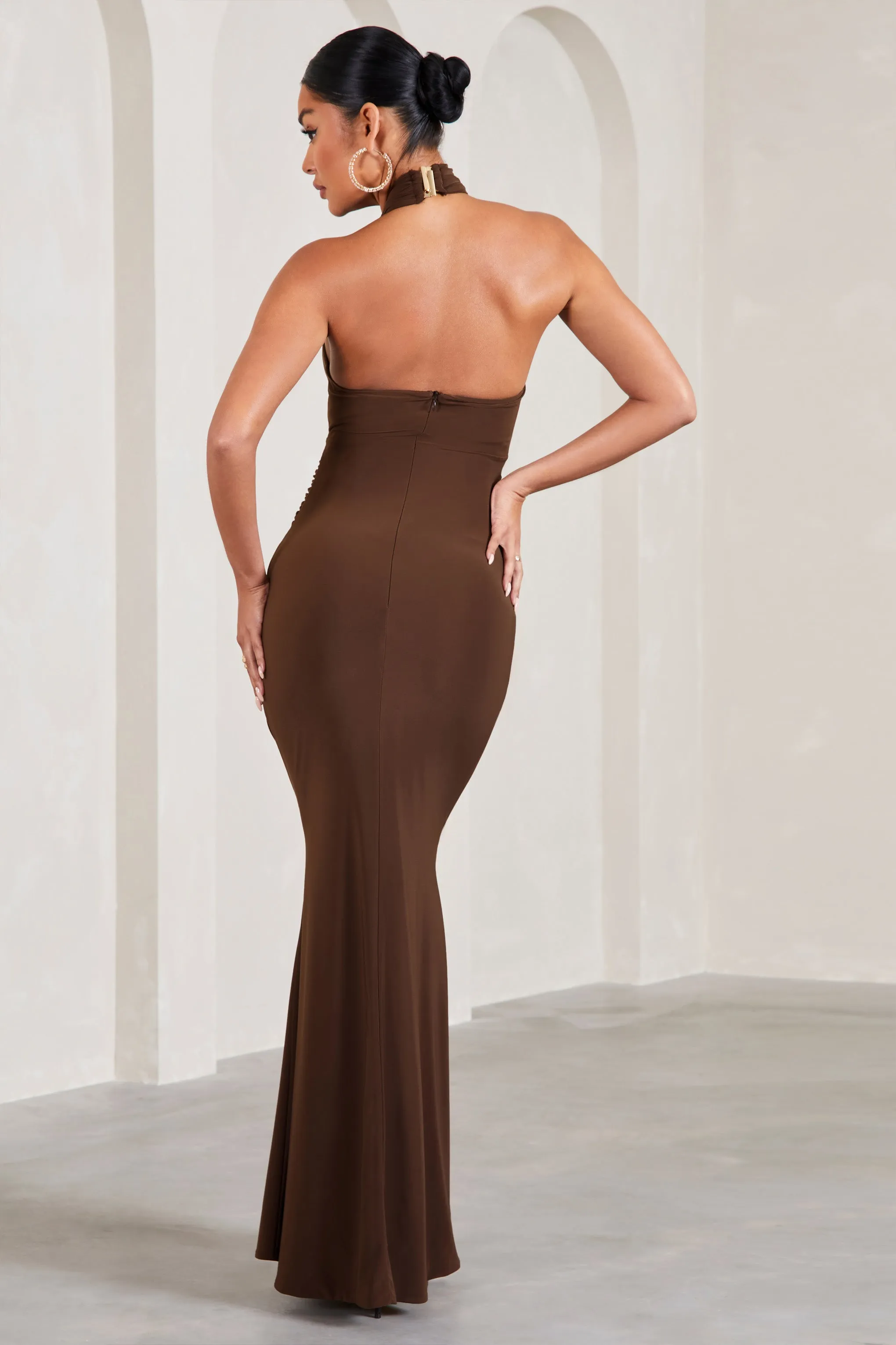 Marissa | Chocolate Brown Halter-Neck Split Maternity Maxi Dress With Flowers sold by Club L London product image thumbnail 2