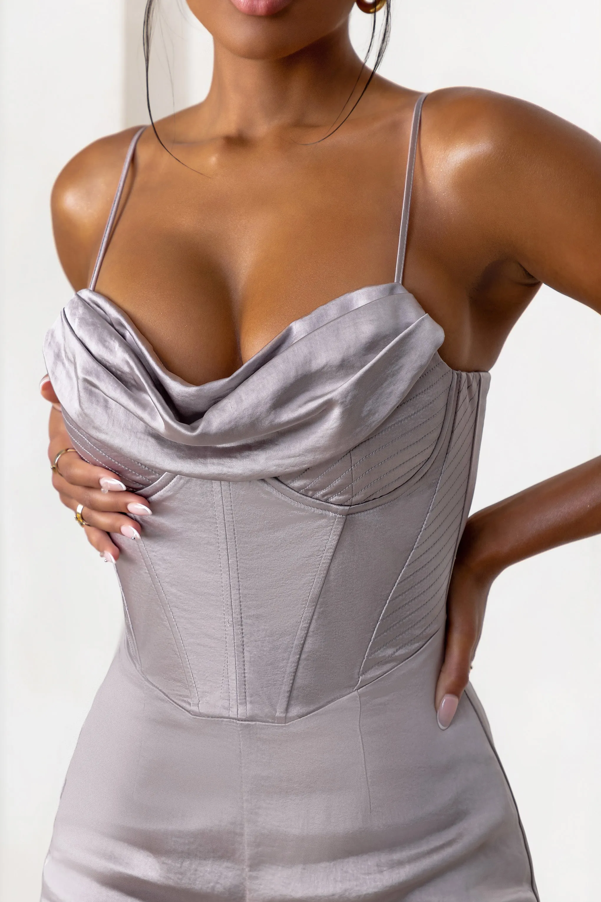 Reserved Destination | Mink Satin Pleated Front Drape Corset Straight Leg Jumpsuit sold by Club L London product image thumbnail 3