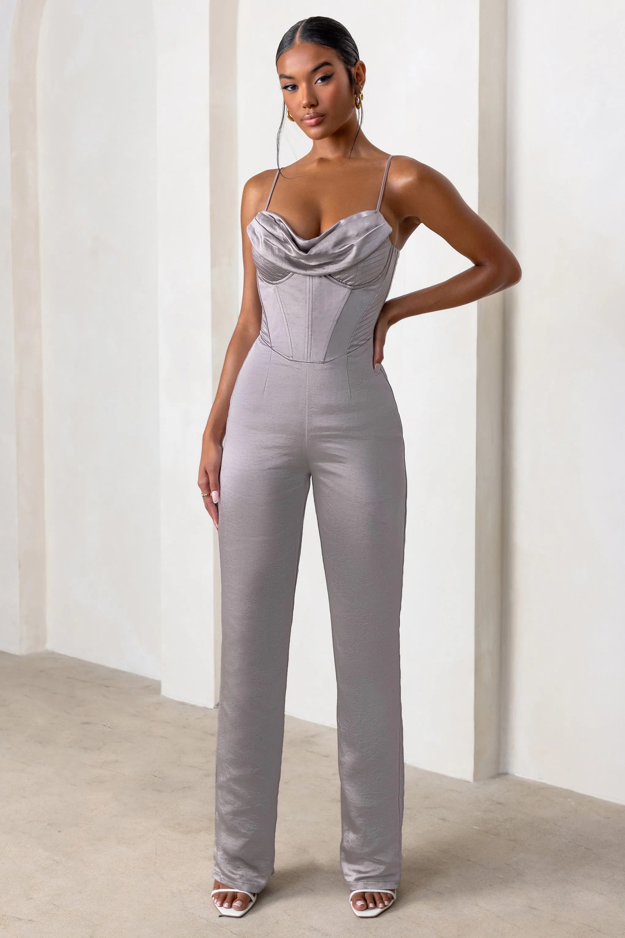 Reserved Destination | Mink Satin Pleated Front Drape Corset Straight Leg Jumpsuit sold by Club L London product image thumbnail 4