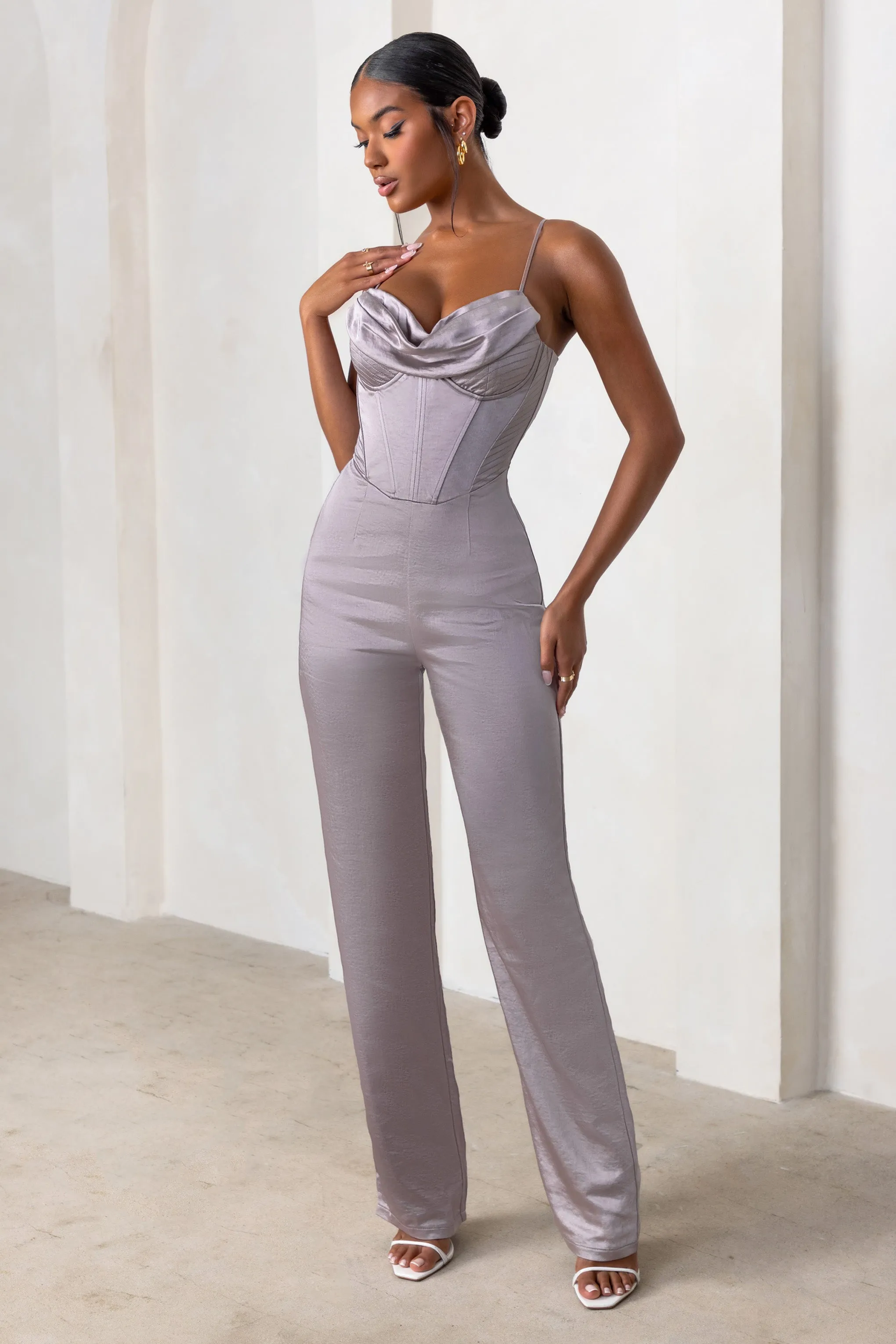 Reserved Destination | Mink Satin Pleated Front Drape Corset Straight Leg Jumpsuit sold by Club L London
