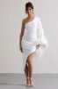 July | White Asymmetric One Shoulder Cape Midi Dress With Feathers sold by Club L London