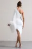 July | White Asymmetric One Shoulder Cape Midi Dress With Feathers sold by Club L London
