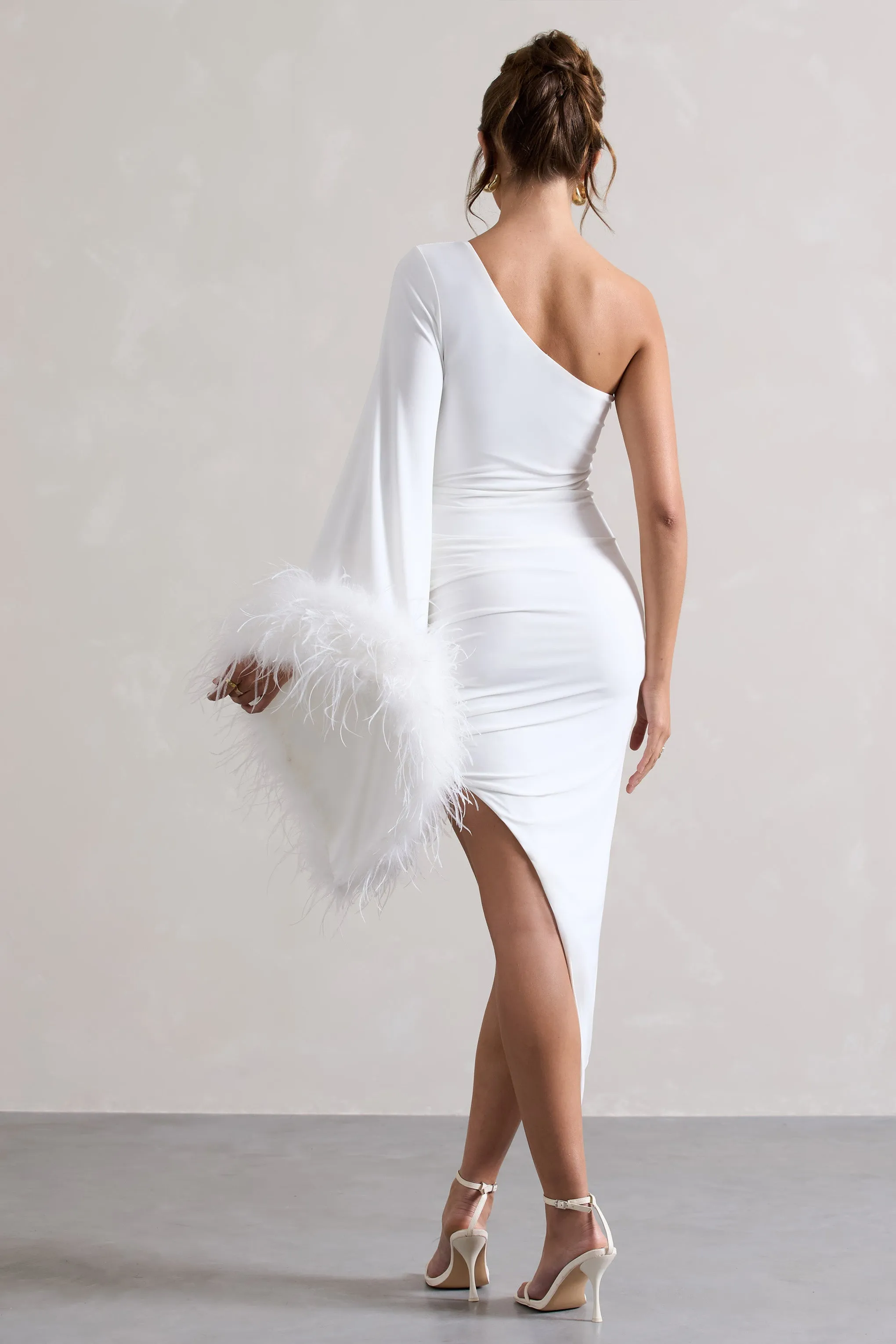 July | White Asymmetric One Shoulder Cape Midi Dress With Feathers sold by Club L London product image thumbnail 2