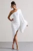 July | White Asymmetric One Shoulder Cape Midi Dress With Feathers sold by Club L London