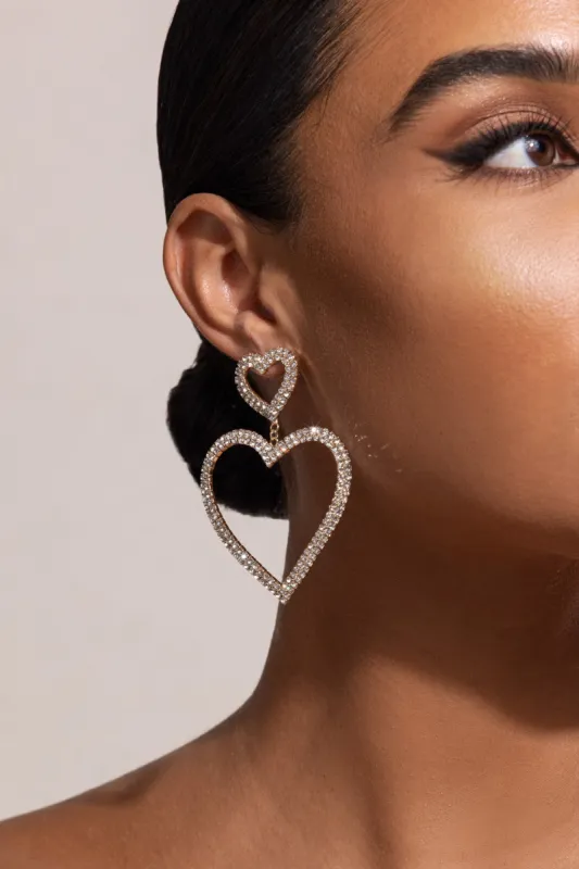 Luisa | Gold Diamante Heart Shape Drop Earrings sold by Club L London