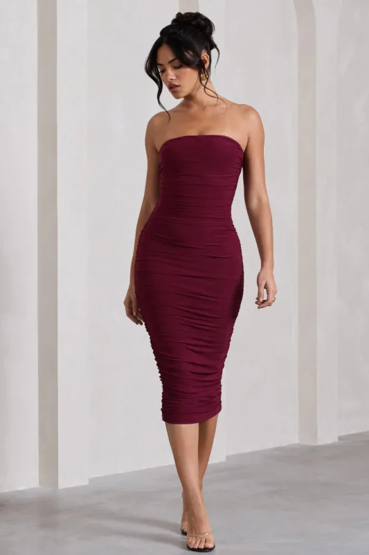 My Girl | Burgundy Bandeau Bodycon Ruched Mesh Midi Dress sold by Club L London