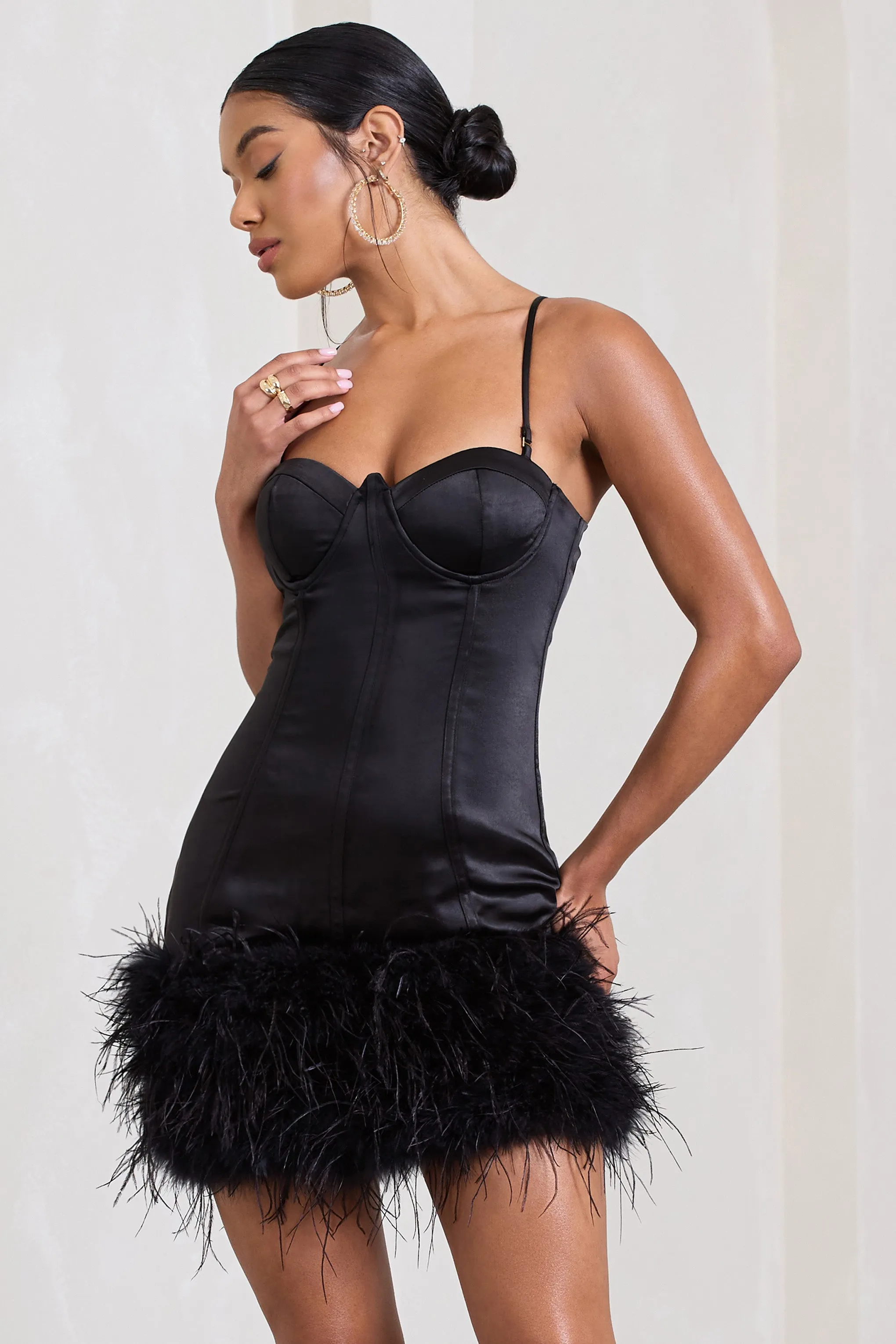 Vampira | Black Satin Corset Feather Mini Dress sold by Club L London product image thumbnail 4