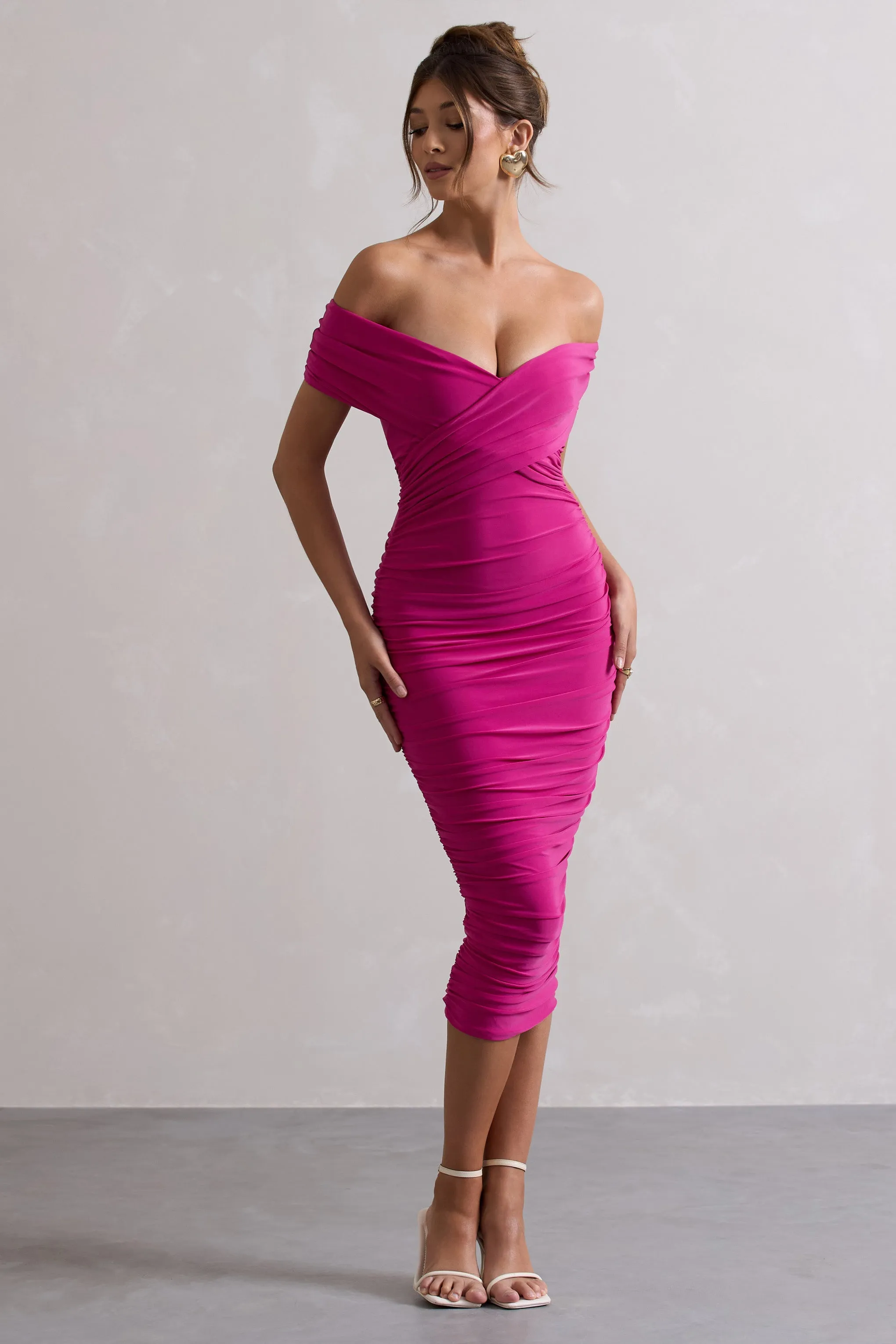 Unwrapped | Dark Pink Ruched Twist Bardot Midi Dress sold by Club L London product image thumbnail 4