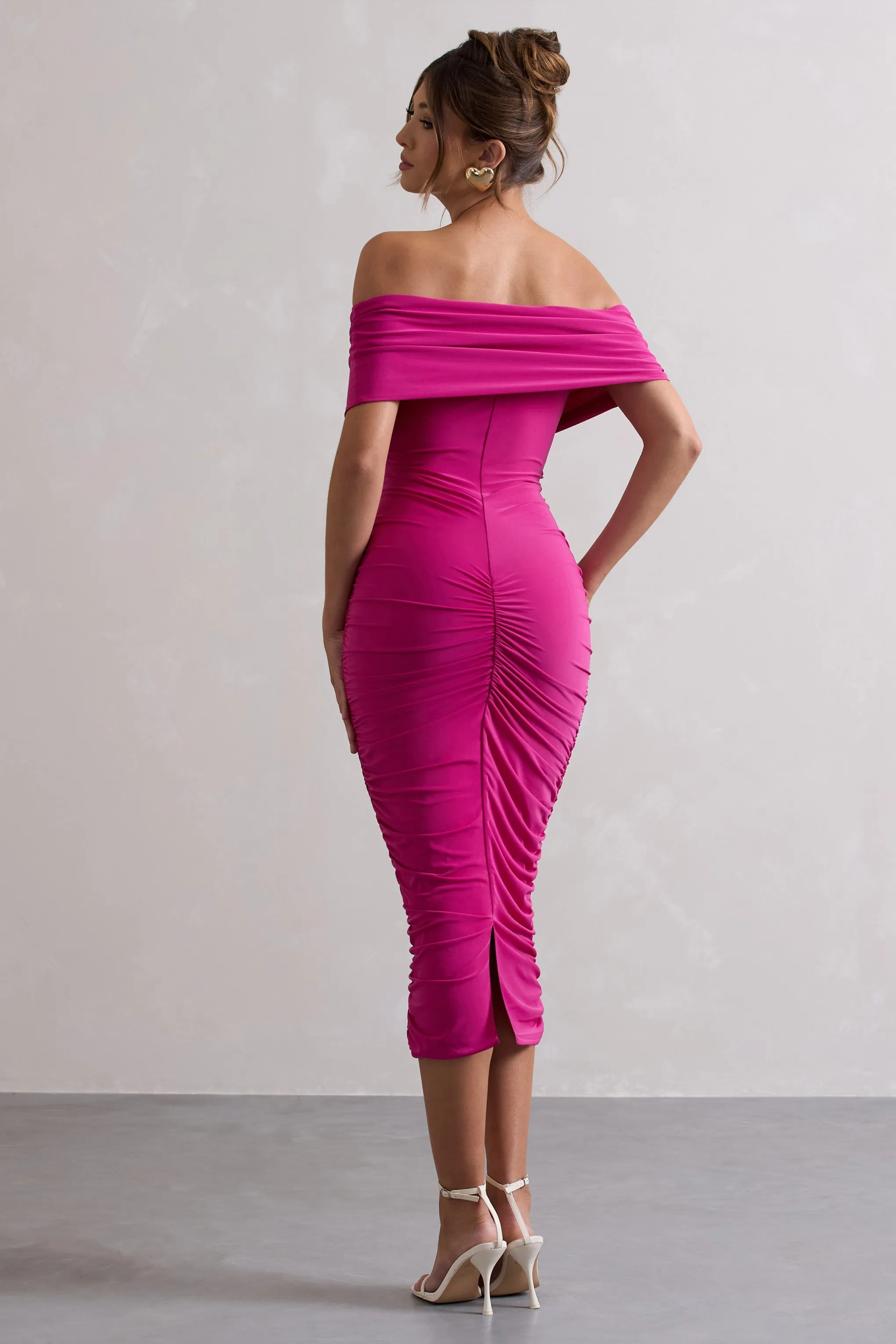 Unwrapped | Dark Pink Ruched Twist Bardot Midi Dress sold by Club L London product image thumbnail 2