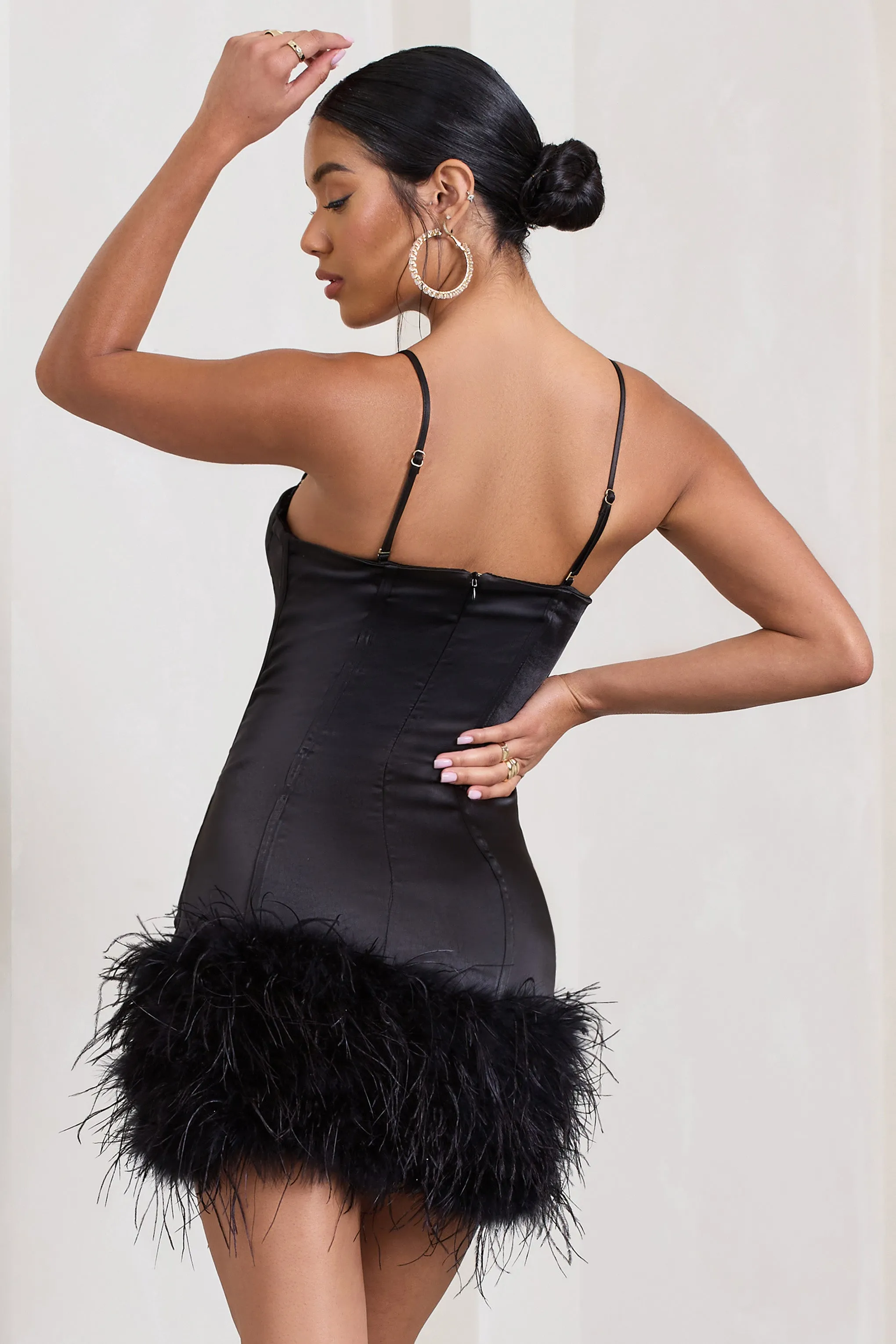 Vampira | Black Satin Corset Feather Mini Dress sold by Club L London product image thumbnail 2