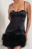 Vampira | Black Satin Corset Feather Mini Dress sold by Club L London
