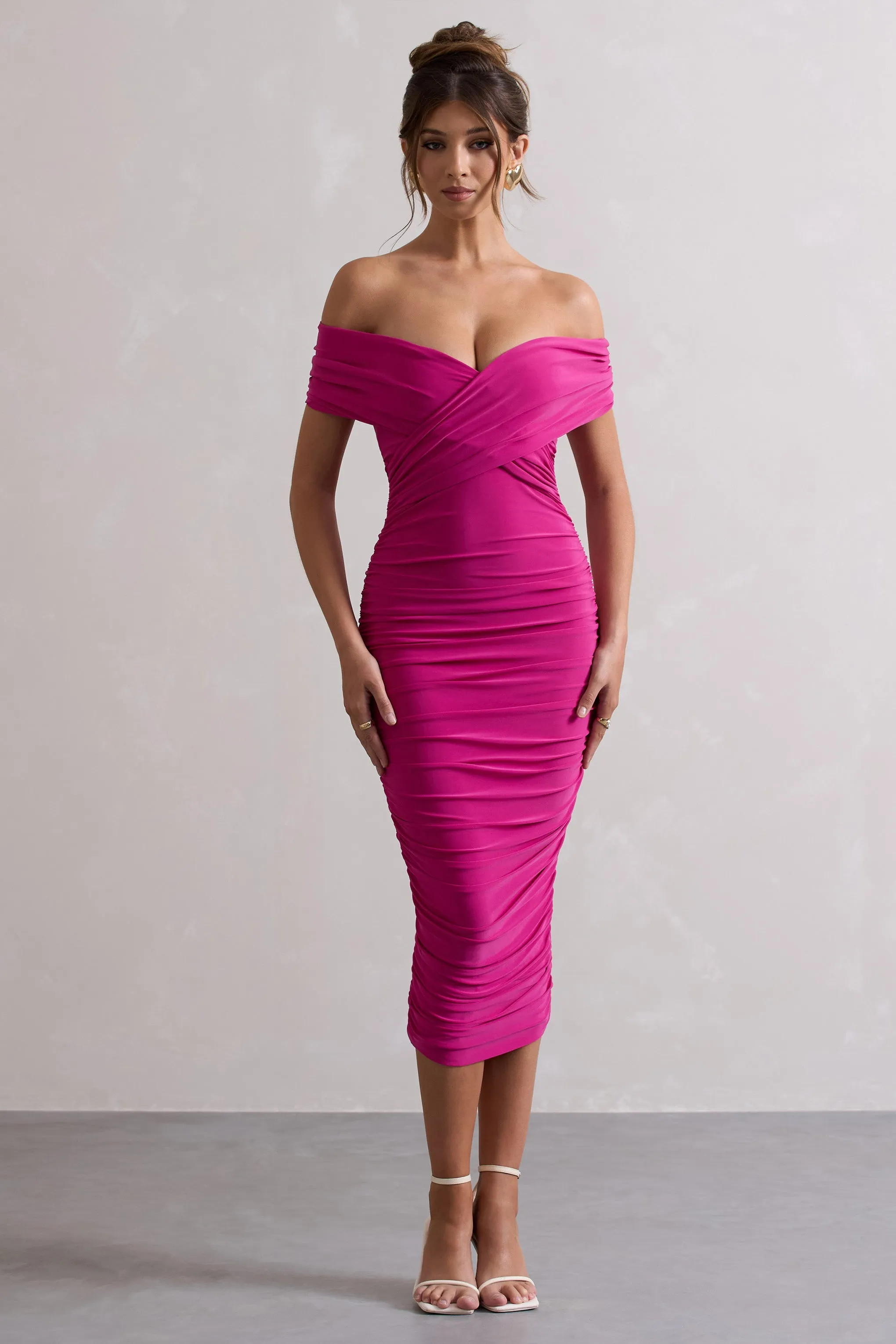 Unwrapped | Dark Pink Ruched Twist Bardot Midi Dress sold by Club L London