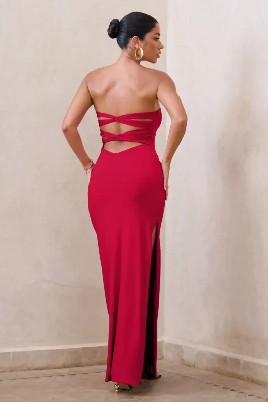 Manon | Red Sweetheart Bandeau Maxi Dress With Thigh Split sold by Club L London