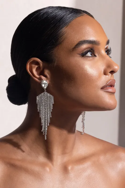 Tecla | Silver Diamante Tassel Drop Earrings sold by Club L London
