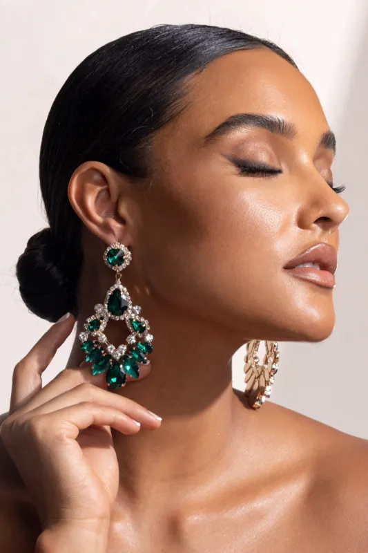 Ambra | Green Crystal Chandelier Drop Earrings sold by Club L London