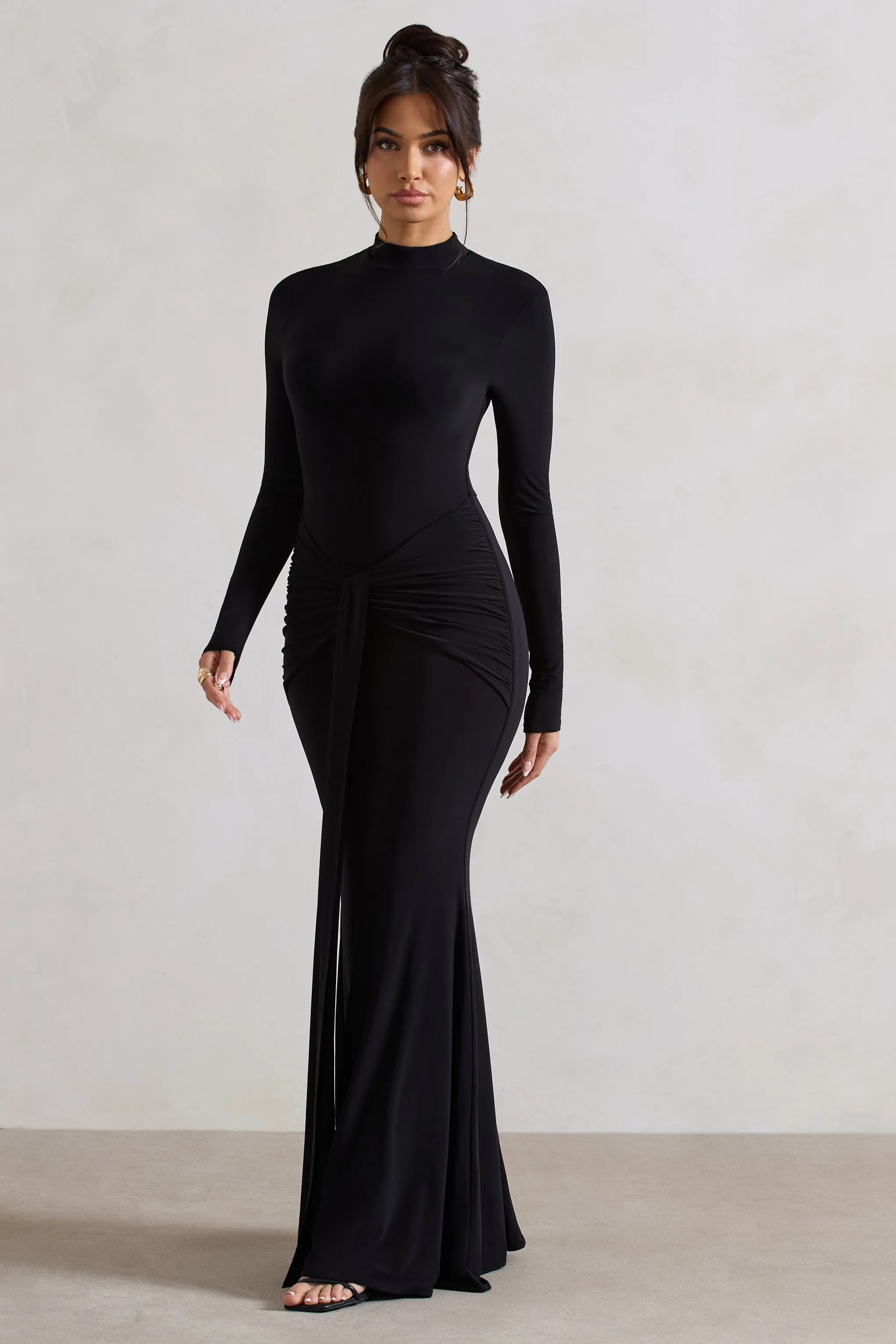 Pietra | Black High-Neck Long Sleeve Knot Maxi Dress sold by Club L London product image thumbnail 5