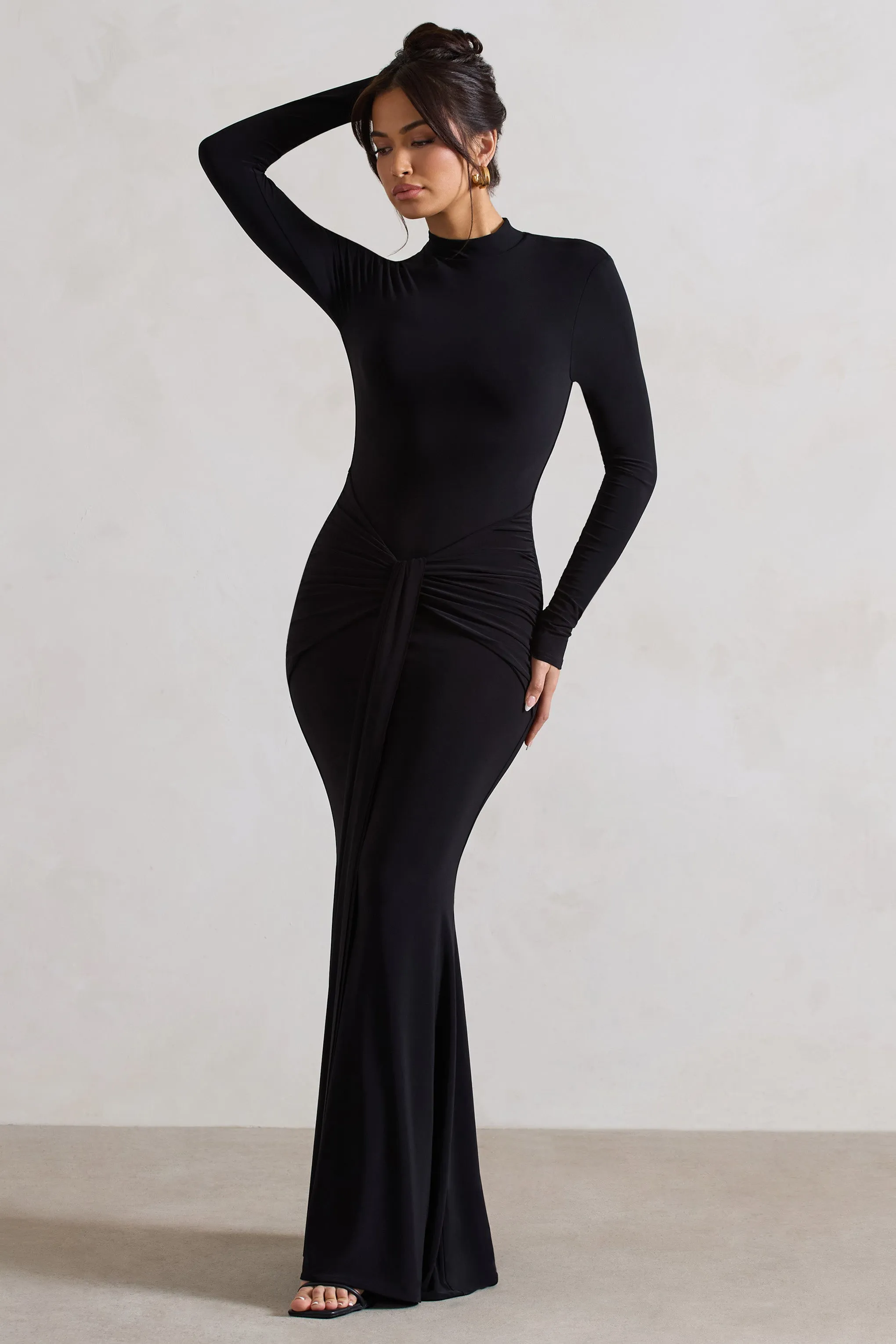 Pietra | Black High-Neck Long Sleeve Knot Maxi Dress sold by Club L London product image thumbnail 4