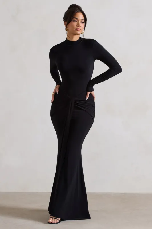 Pietra | Black High-Neck Long Sleeve Knot Maxi Dress sold by Club L London