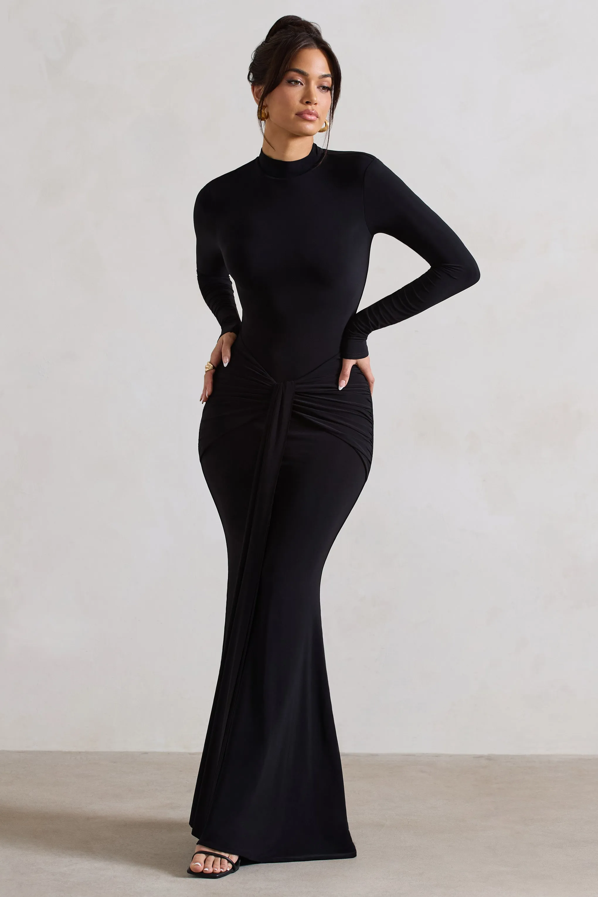 Pietra | Black High-Neck Long Sleeve Knot Maxi Dress sold by Club L London