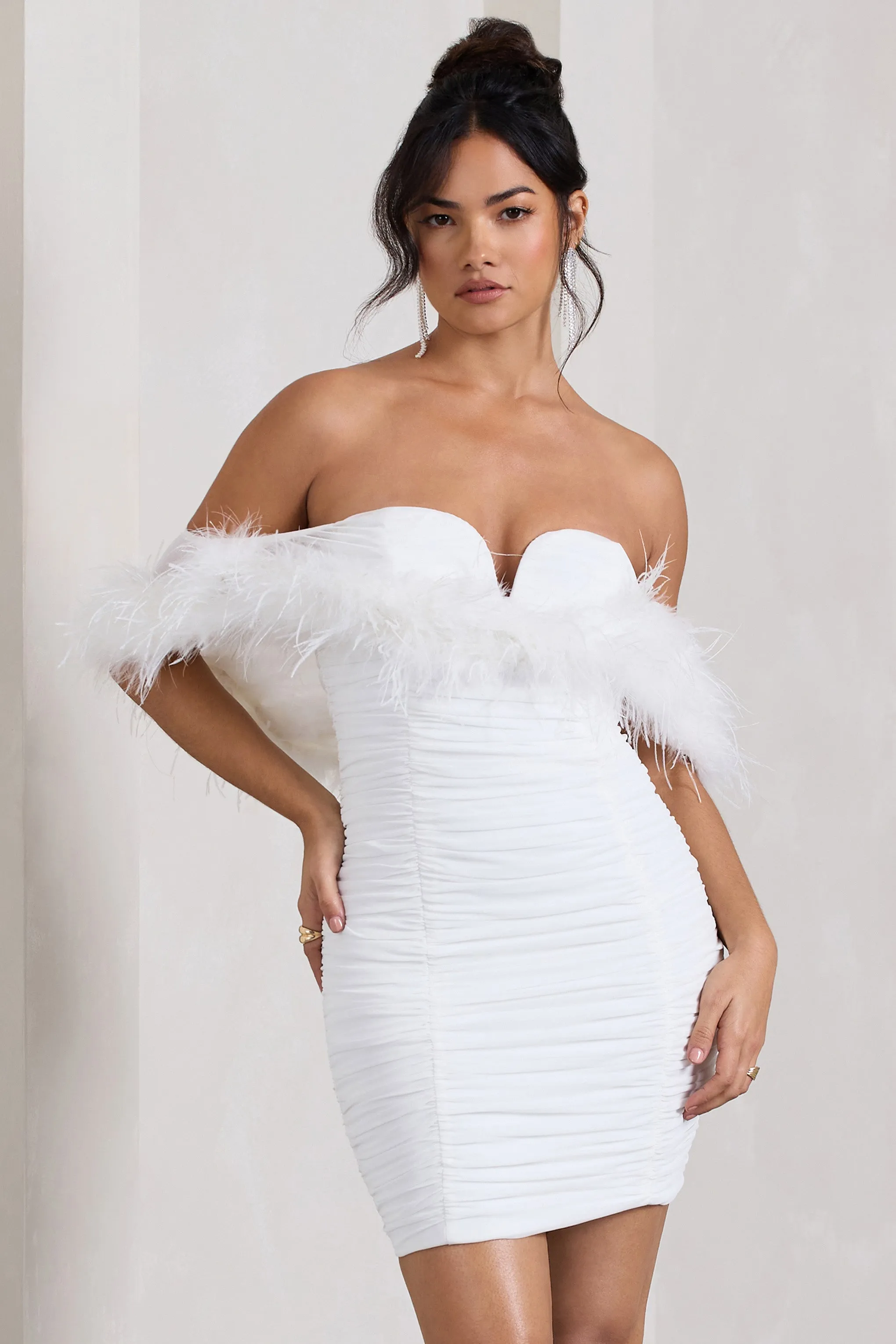 Confetti | White Sweetheart Mini Dress With Chiffon Feather Sleeves sold by Club L London product image thumbnail 4