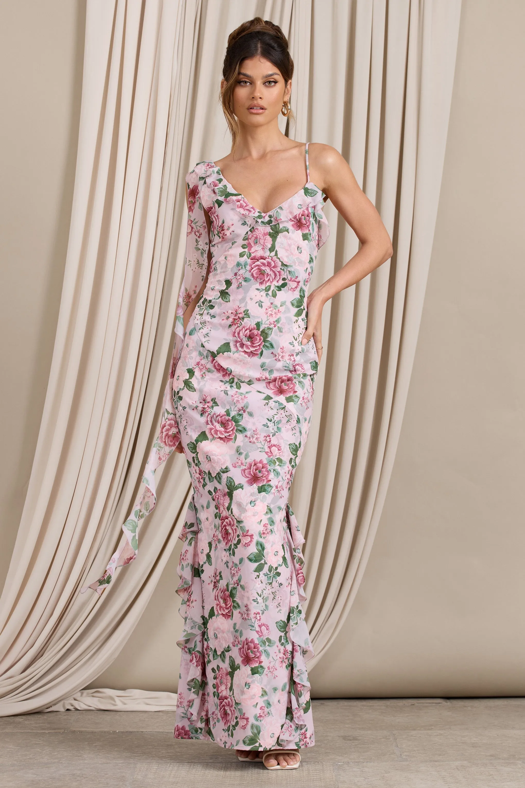 Leading Lady | Pink Floral Print Chiffon Asymmetric Ruffle Maxi Dress sold by Club L London product image thumbnail 5