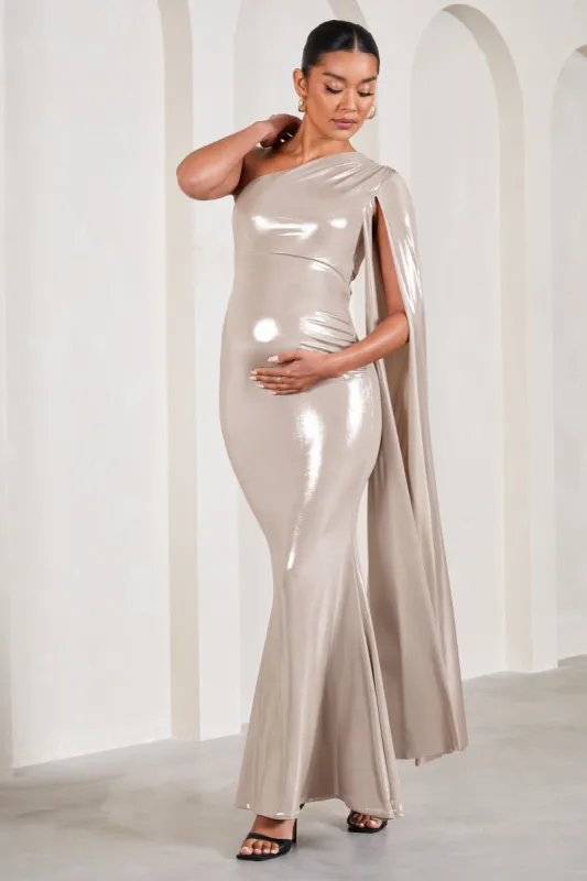 Amara | Gold Metallic One-Shoulder Maternity Maxi Dress With Cape sold by Club L London