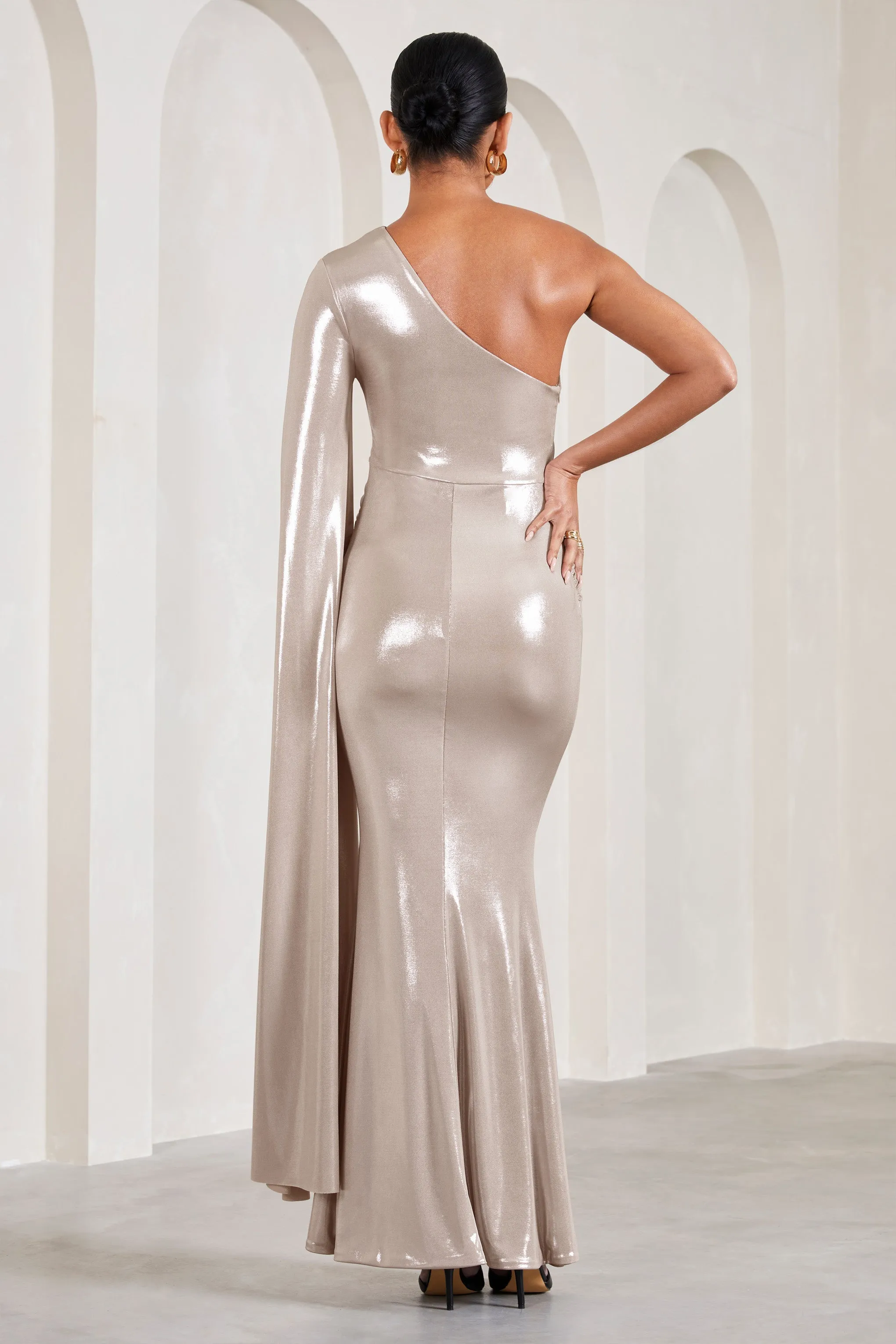 Amara | Gold Metallic One-Shoulder Maternity Maxi Dress With Cape sold by Club L London product image thumbnail 2