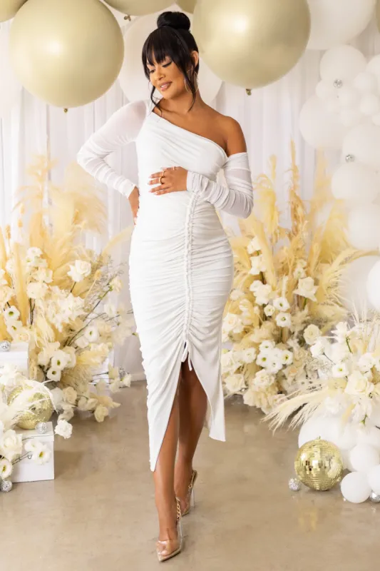 Sweet Dreams | White Maternity Asymmetric Ruched Midi Dress sold by Club L London