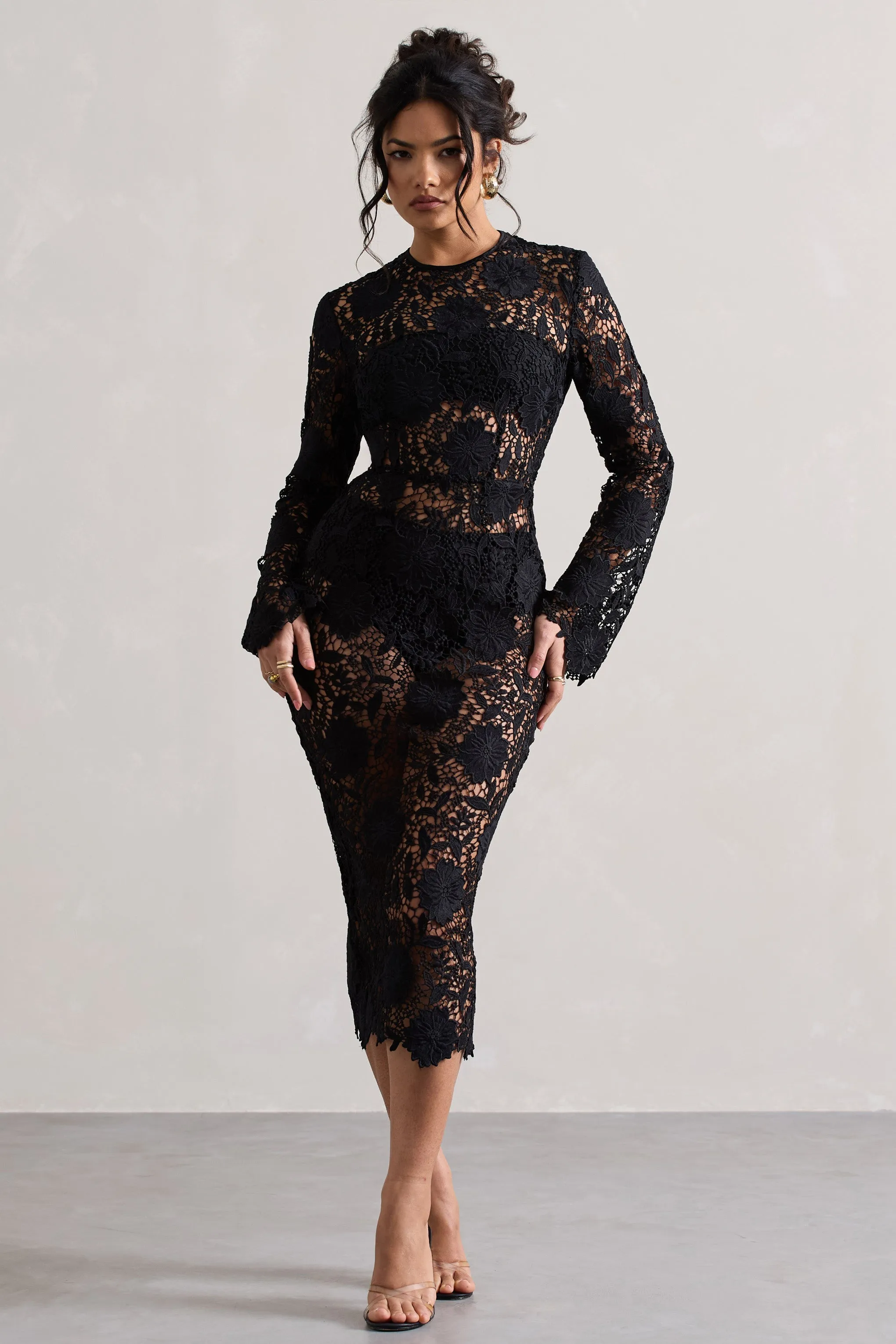 Scandal | Black Lace Long-Sleeved Midi Dress sold by Club L London product image thumbnail 4