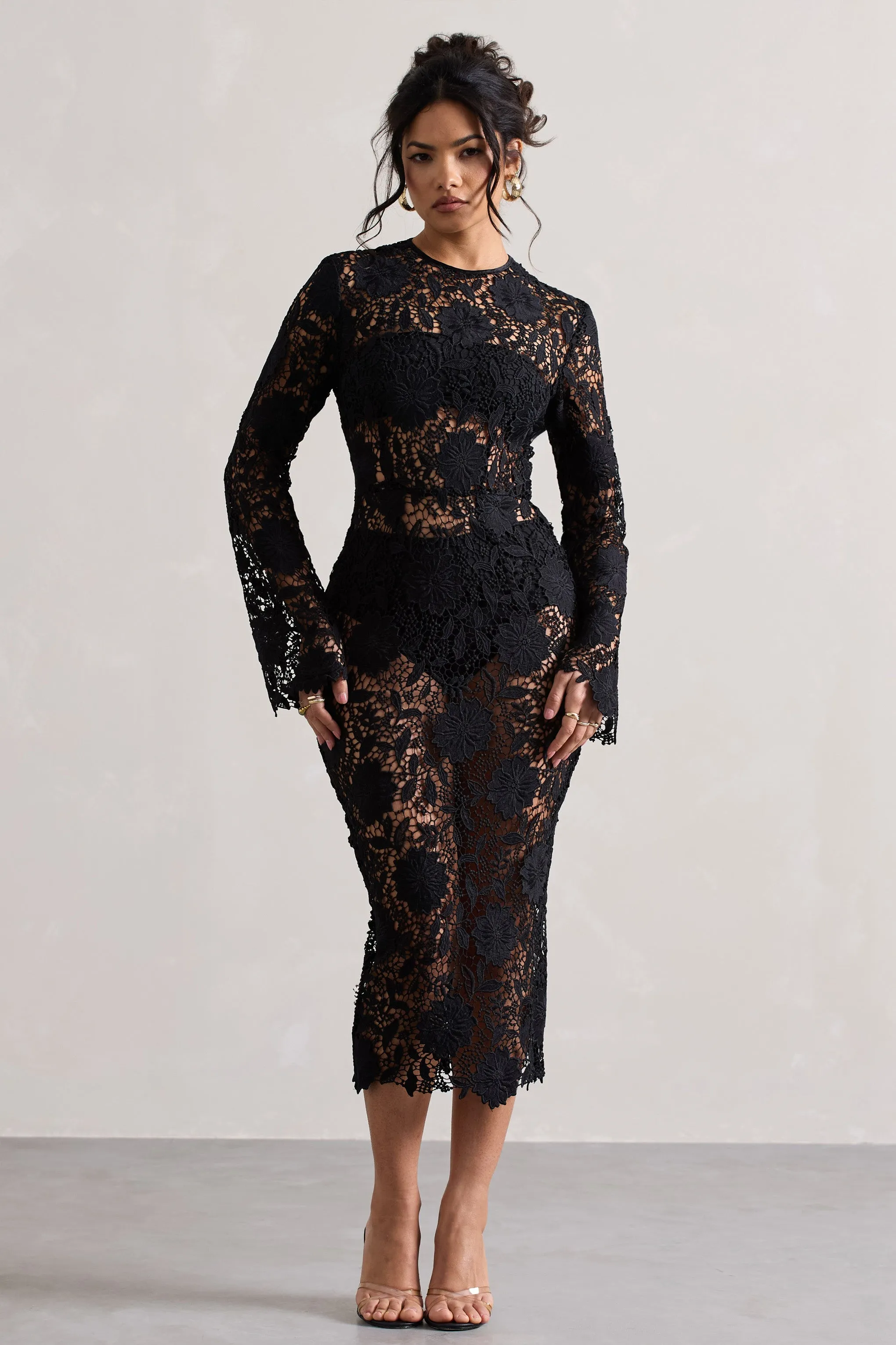 Scandal | Black Lace Long-Sleeved Midi Dress sold by Club L London