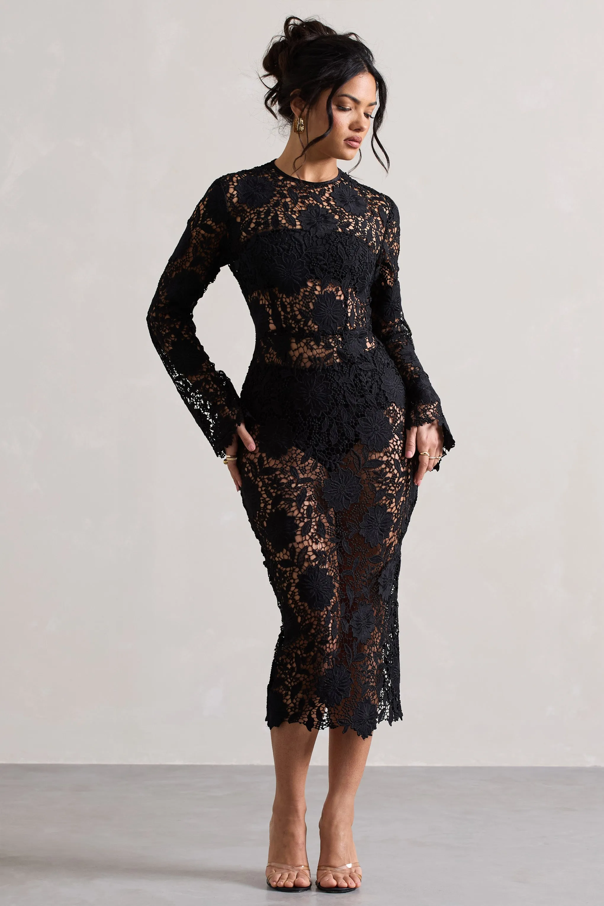 Scandal | Black Lace Long-Sleeved Midi Dress sold by Club L London product image thumbnail 5