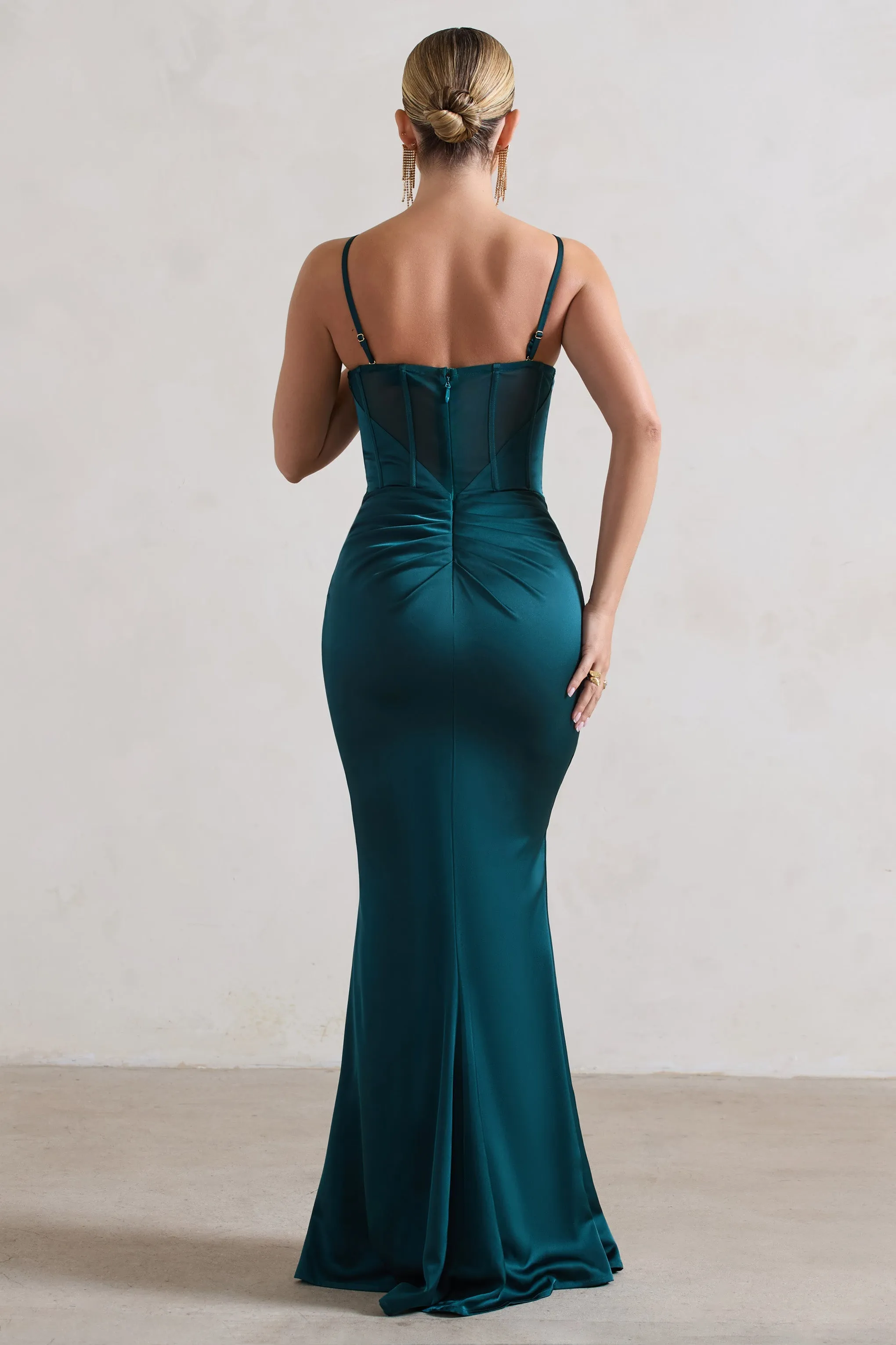 Ardelle | Dark Green Satin Corseted Wrap Maxi Dress sold by Club L London product image thumbnail 2