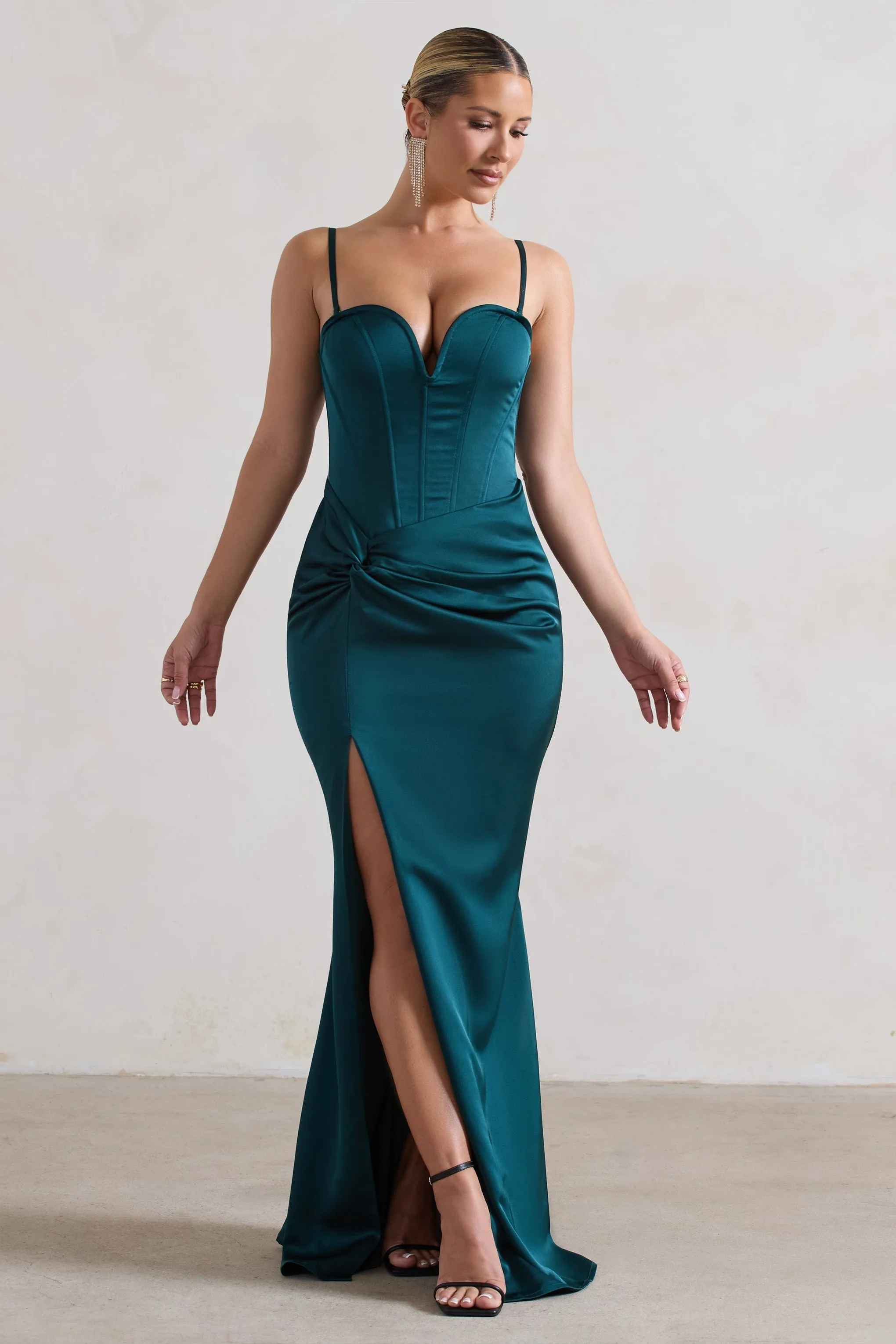 Ardelle | Dark Green Satin Corseted Wrap Maxi Dress sold by Club L London product image thumbnail 4
